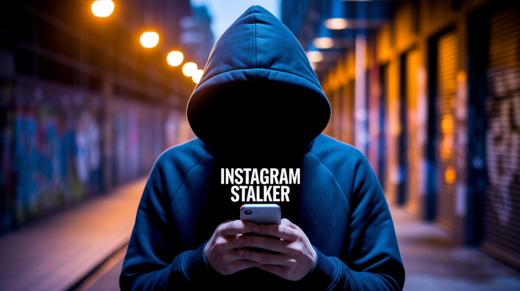 7 Fatos Sobre Instagram Stalker: Descubra Quem Espia Seu Perfil No Instagram 1 Pessoa encapuzada usando celular com a frase Instagram Stalker em destaque.