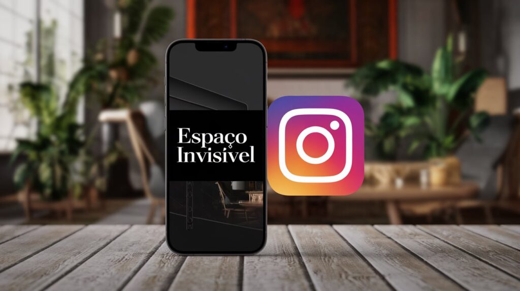 Imagem de um smartphone exibindo o texto "Espaço Invisível" com o ícone do Instagram ao lado, representando um truque para melhorar a formatação de postagens na plataforma.