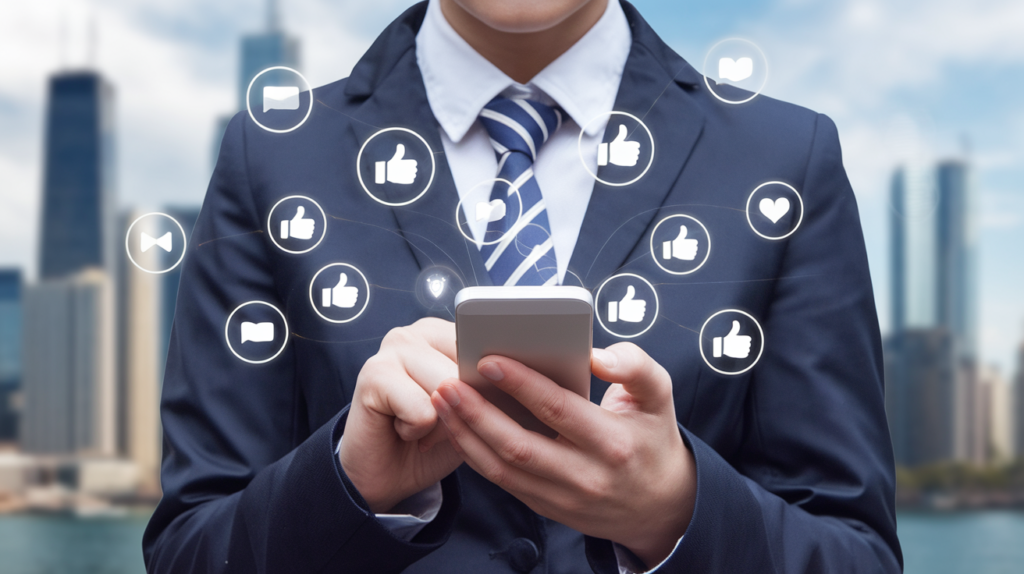 7 Motivos Para Comprar Seguidores No Instagram Da Maneira Certa 2 Homem de terno usando smartphone com ícones digitais de curtidas, vídeos e engajamento ao redor