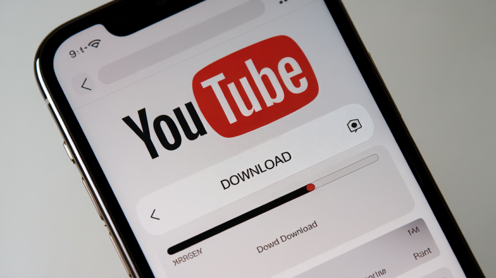 Como Baixar Vídeos Youtube, 5 Formas Fáceis E Seguras 5 Imagem realista de um iPhone exibindo o aplicativo do YouTube com o botão de download sendo pressionado e uma barra de progresso visível, indicando o andamento do download.