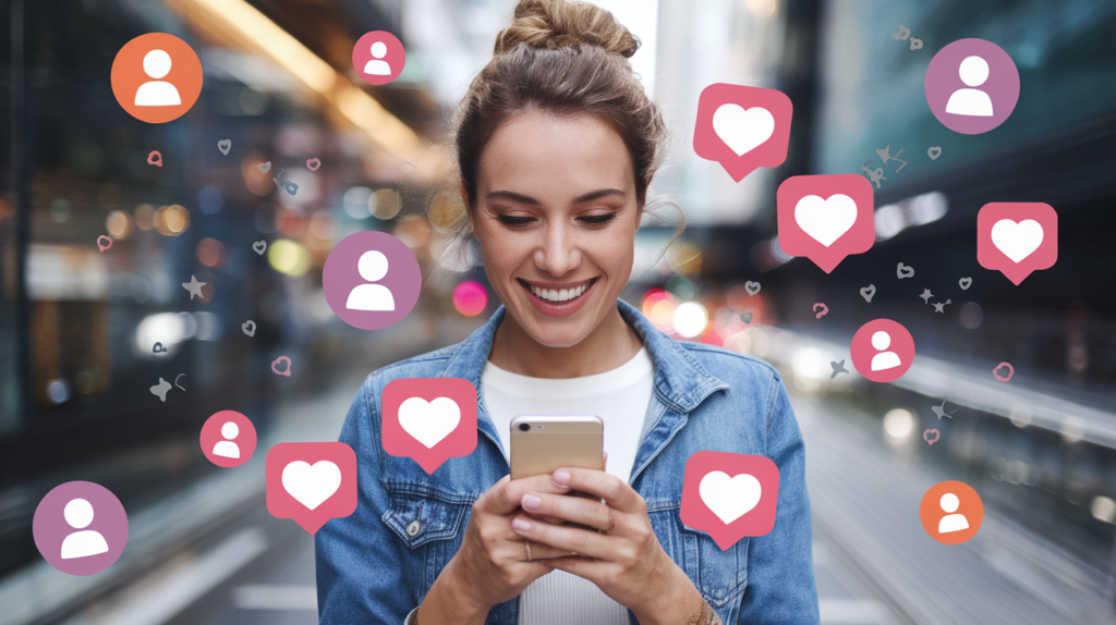 7 Motivos Para Comprar Seguidores No Instagram Da Maneira Certa 1 Mulher sorrindo ao usar o celular enquanto recebe curtidas e seguidores no Instagram