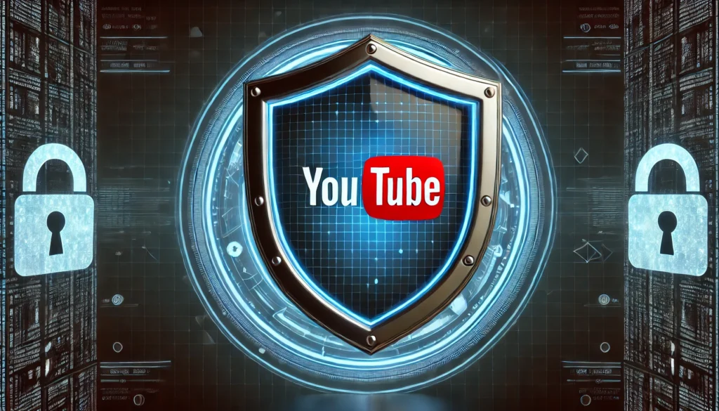 Como Baixar Vídeos Youtube, 5 Formas Fáceis E Seguras 7 Escudo digital protegendo o logotipo do YouTube, representando segurança contra vírus e malwares.