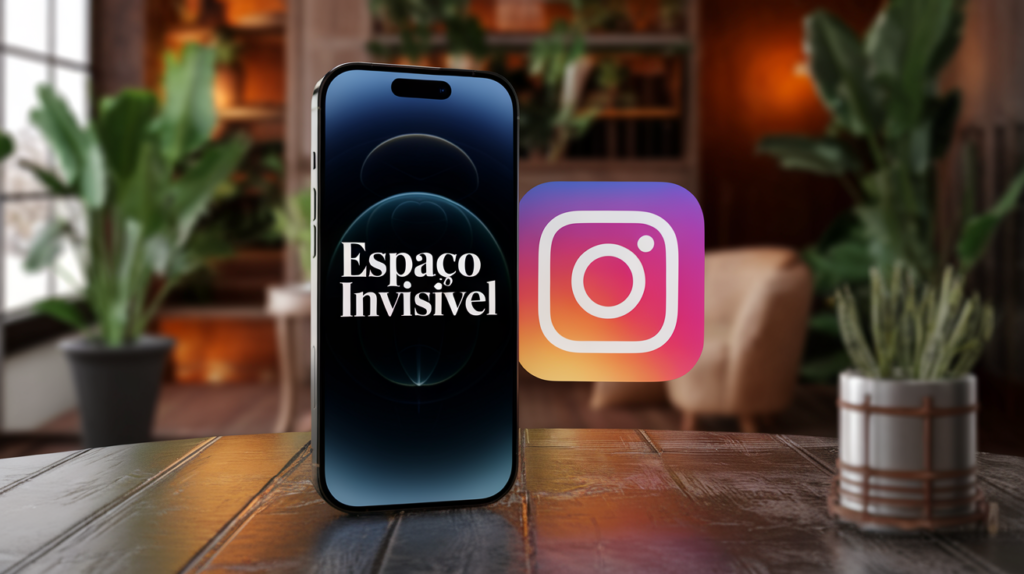 3 Formas De Usar O Espaço Invisível No Instagram: Dica Simples Para Melhorar Seu Perfil 1 Imagem de um smartphone exibindo "Espaço Invisível" com o logotipo do Instagram ao lado, representando uma técnica para otimizar legendas e bios na rede social.
