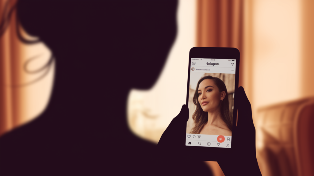 7 Fatos Sobre Instagram Stalker: Descubra Quem Espia Seu Perfil No Instagram 3 Silhueta observando o perfil de uma mulher no Instagram pelo celular.