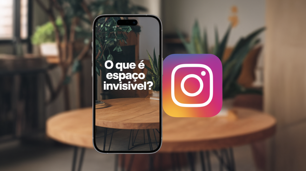 3 Formas De Usar O Espaço Invisível No Instagram: Dica Simples Para Melhorar Seu Perfil 2 Imagem de um smartphone exibindo a frase "O que é espaço invisível?" com o logotipo do Instagram ao lado, destacando uma técnica para melhorar a formatação de legendas e bios na rede social.
