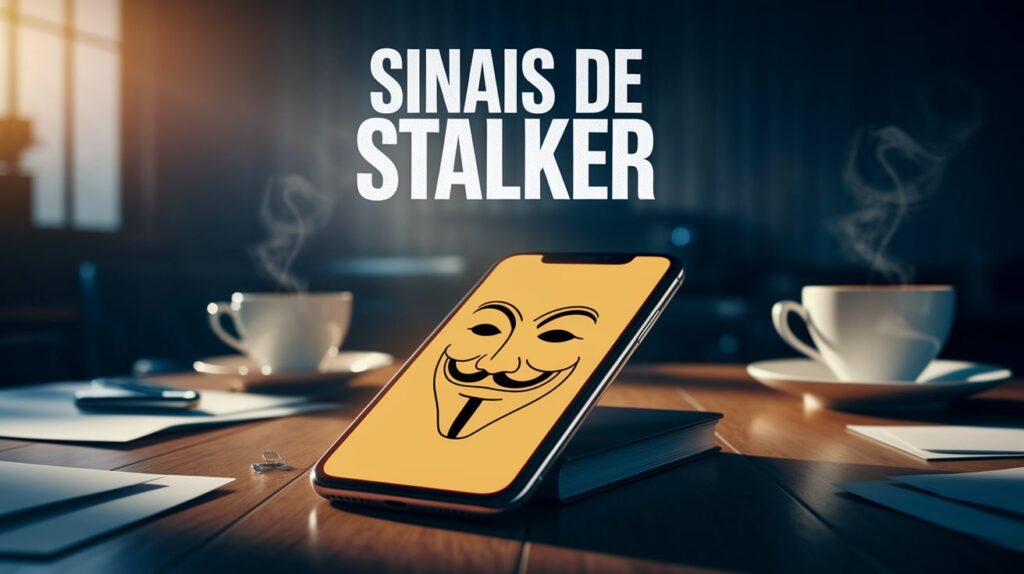 7 Fatos Sobre Instagram Stalker: Descubra Quem Espia Seu Perfil No Instagram 5 Celular com máscara de anonimato e a frase Sinais de Stalker em ambiente escuro.