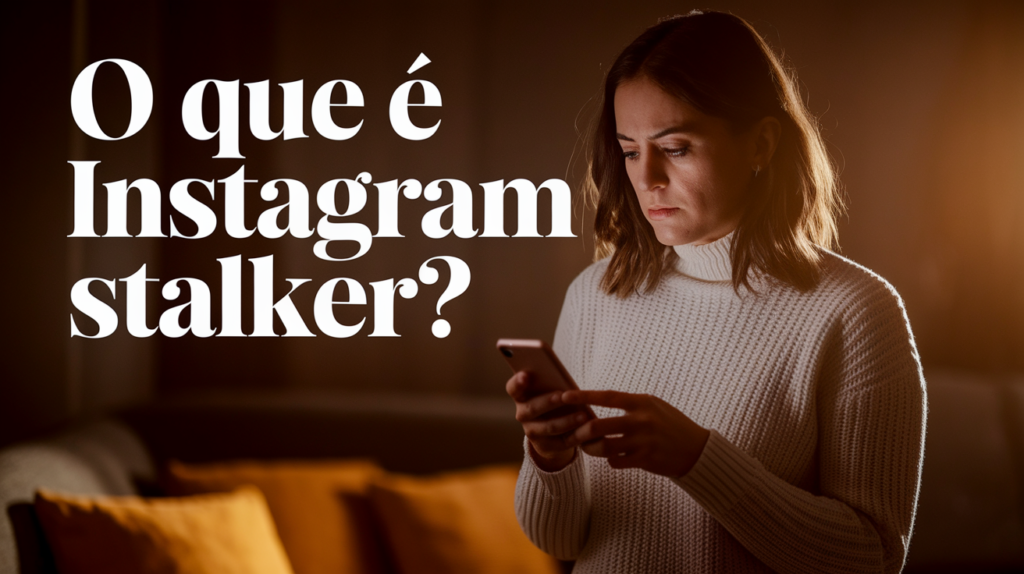 7 Fatos Sobre Instagram Stalker: Descubra Quem Espia Seu Perfil No Instagram 2 Mulher olhando desconfiada para o celular com a frase “O que é Instagram stalker?” ao lado.