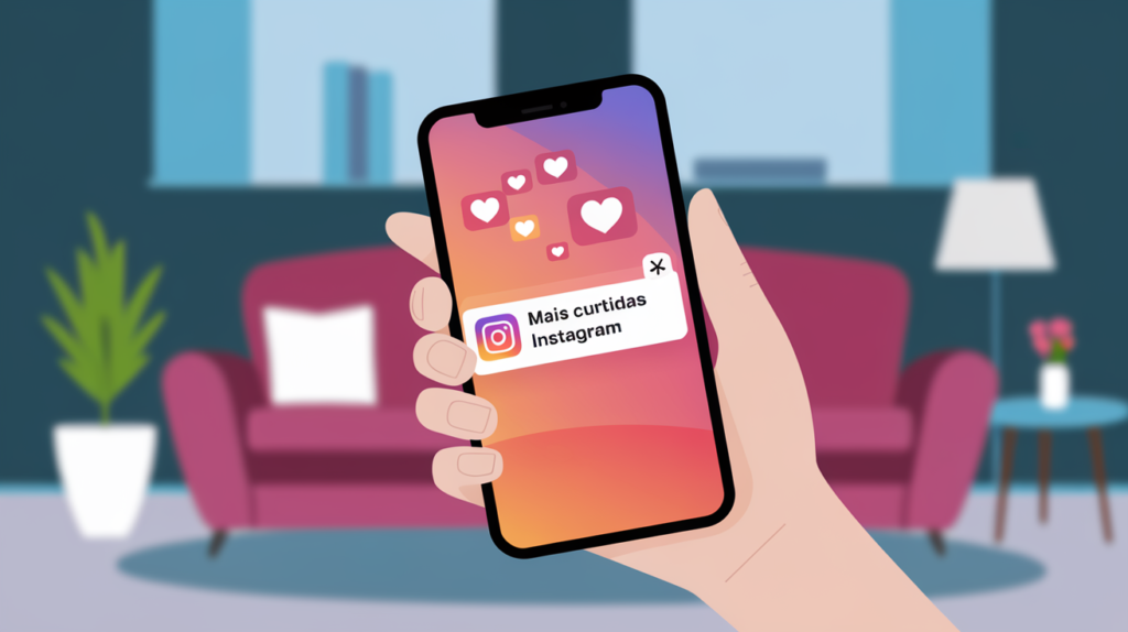 7 Dicas Infalíveis Para Conseguir Mais Curtidas Instagram 2 Ilustração de uma mão segurando um smartphone com notificações de curtidas no Instagram, simbolizando crescimento no engajamento.