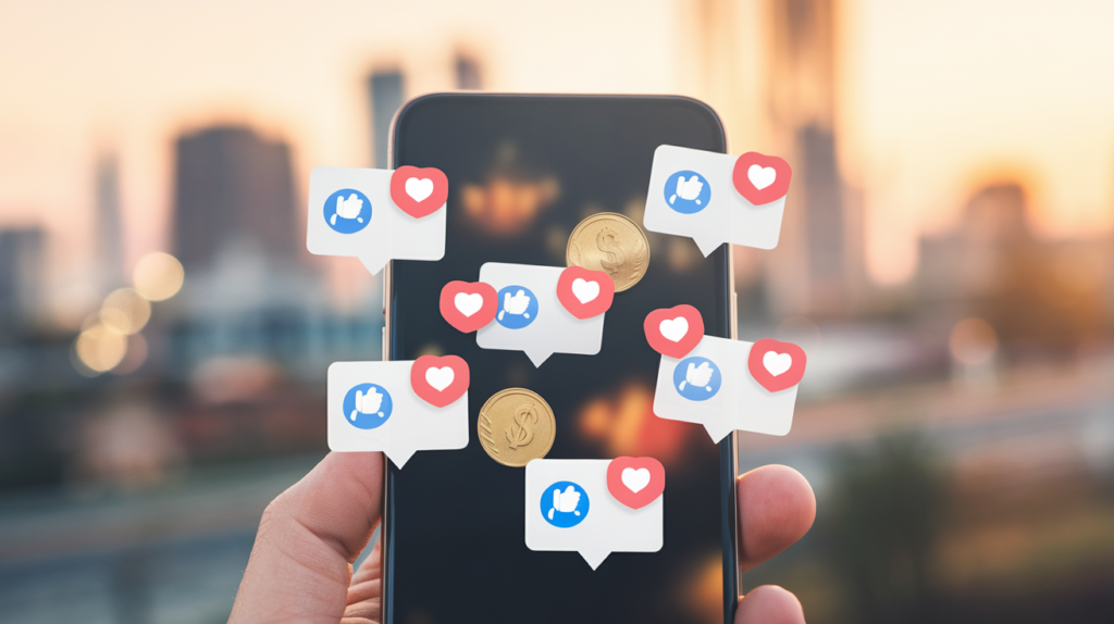 7 Dicas Infalíveis Para Conseguir Mais Curtidas Instagram 8 Mão segurando um smartphone com notificações de curtidas e moedas flutuando, simbolizando o investimento em anúncios pagos para crescimento no Instagram.