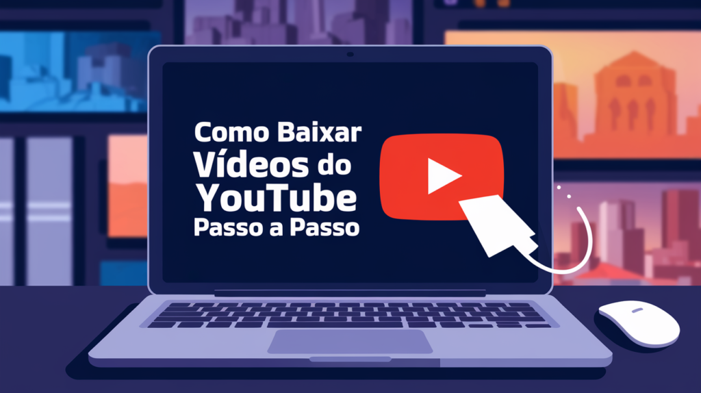 Como Baixar Vídeos Youtube, 5 Formas Fáceis E Seguras 4 Imagem ilustrativa de um laptop com a tela exibindo "Como Baixar Vídeos do YouTube Passo a Passo", acompanhado do ícone do YouTube e um cursor clicando.