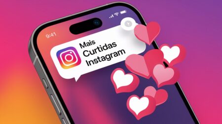 Smartphone exibindo notificação de curtidas no Instagram, com corações saindo da tela, representando aumento de engajamento.