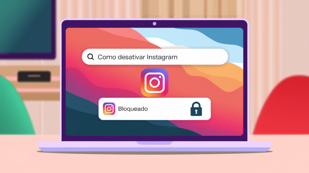 Ilustração de um laptop exibindo a busca 'Como desativar Instagram' e um ícone do Instagram bloqueado, representando a desativação da conta.