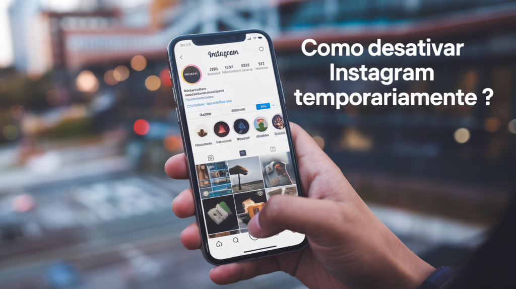 Pessoa segurando um smartphone com a tela do Instagram aberta, mostrando opções de perfil, com a frase 'Como desativar Instagram temporariamente' ao lado.