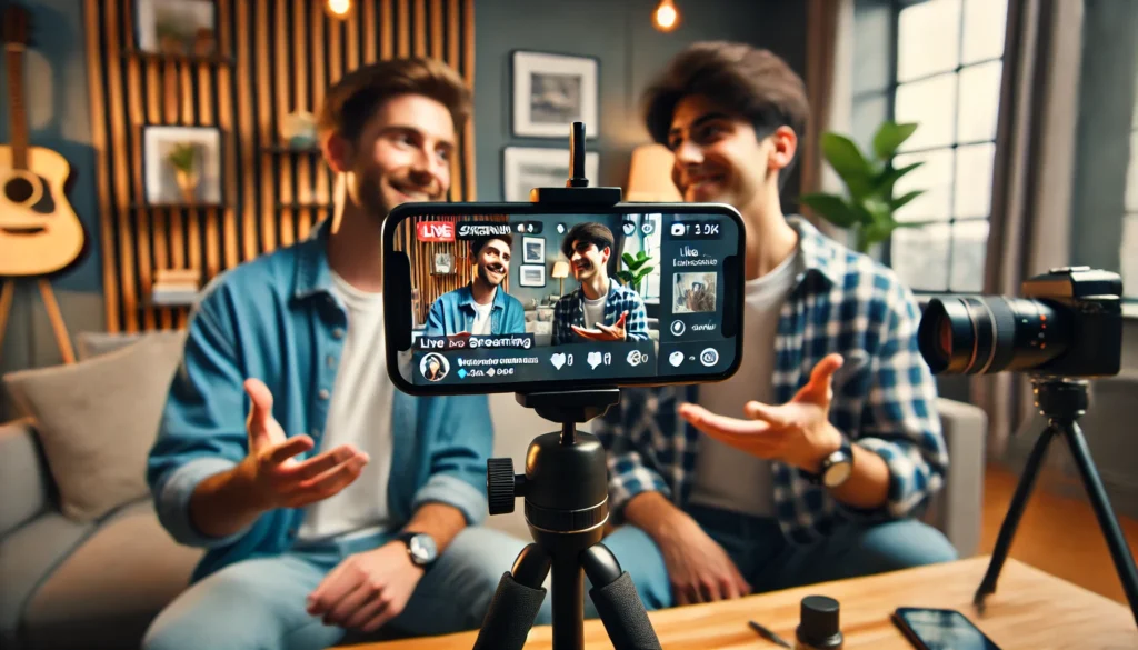 7 Dicas Infalíveis Para Conseguir Mais Curtidas Instagram 7 Dois influenciadores gravando um vlog com um smartphone montado em um tripé, interagindo para criar conteúdo colaborativo.