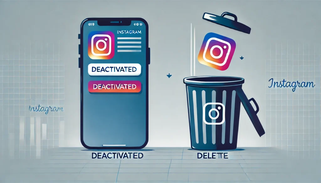 Como Desativar Instagram: Guia Completo Em 7 Passos 2 Infográfico ilustrando a diferença entre desativar e excluir uma conta do Instagram. O lado esquerdo representa a desativação com um perfil desfocado, enquanto o lado direito mostra a exclusão com o logotipo do Instagram sendo jogado em uma lixeira.