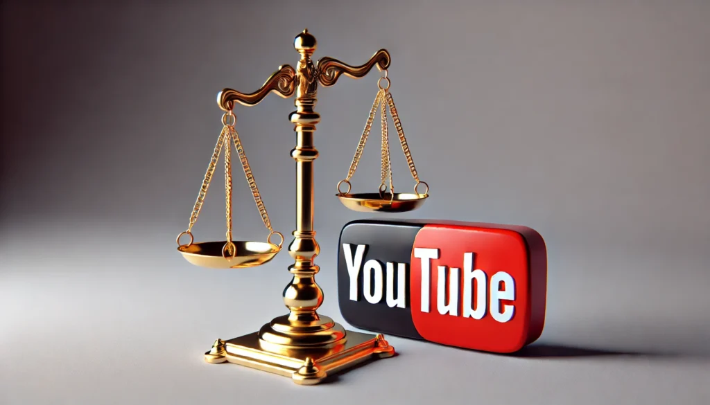 Como Baixar Vídeos Youtube, 5 Formas Fáceis E Seguras 2 Ilustração de uma balança da justiça ao lado do logotipo do YouTube, representando legalidade e termos de uso.