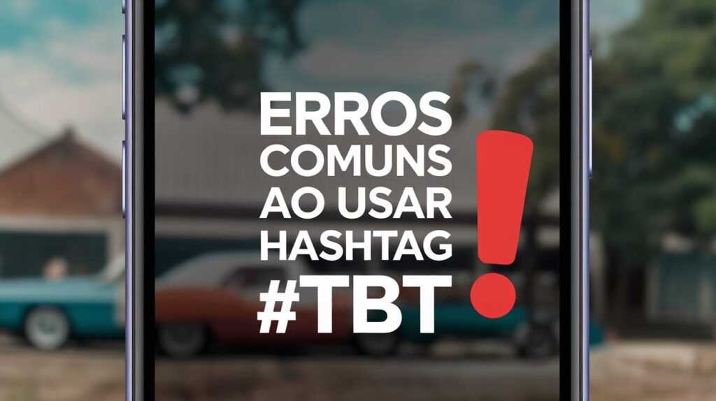Imagem de um smartphone exibindo a frase “Erros comuns ao usar a hashtag #TBT” com um fundo desfocado, destacando falhas no uso da hashtag.