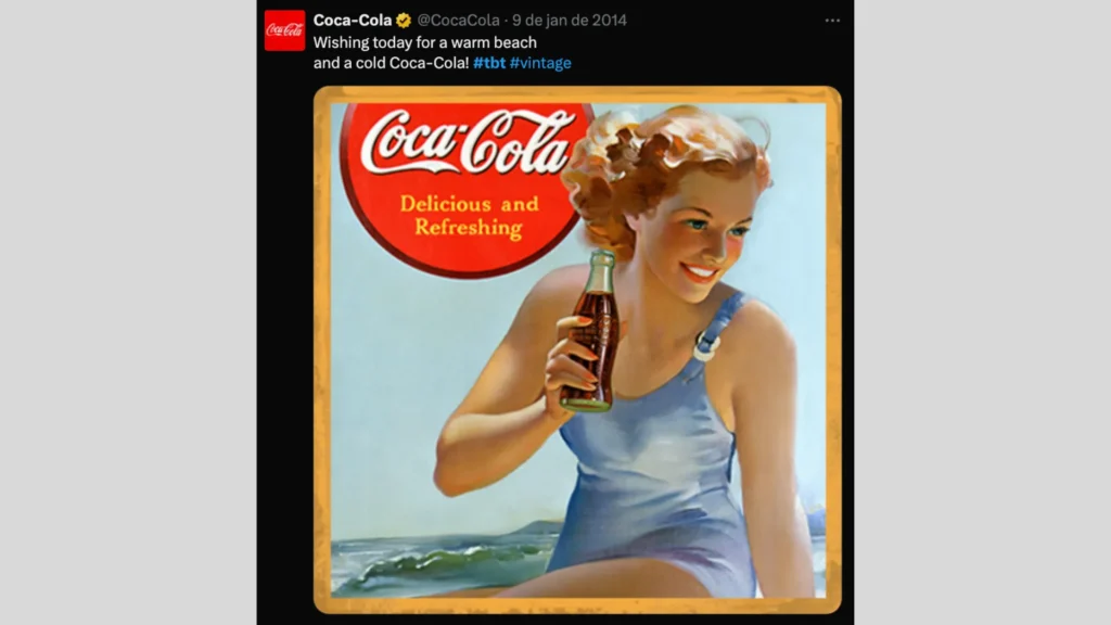 Post vintage de campanha TBT da Coca-Cola mostrando mulher na praia segurando garrafa