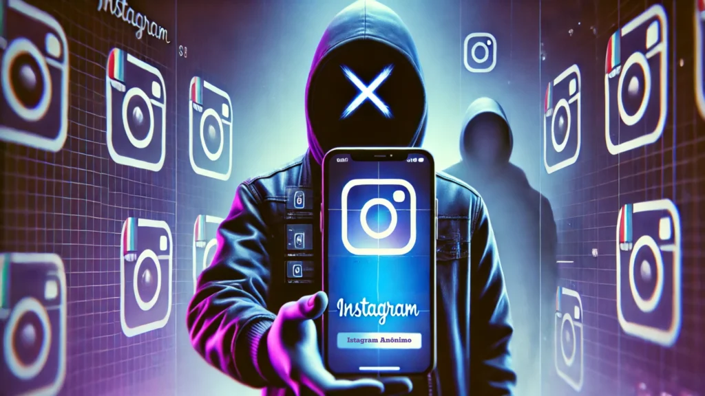 Ilustração digital widescreen de um smartphone exibindo a interface do Instagram com um ícone de olho riscado, simbolizando visualização anônima. No fundo, uma figura misteriosa de capuz destaca o conceito de privacidade e sigilo digital.