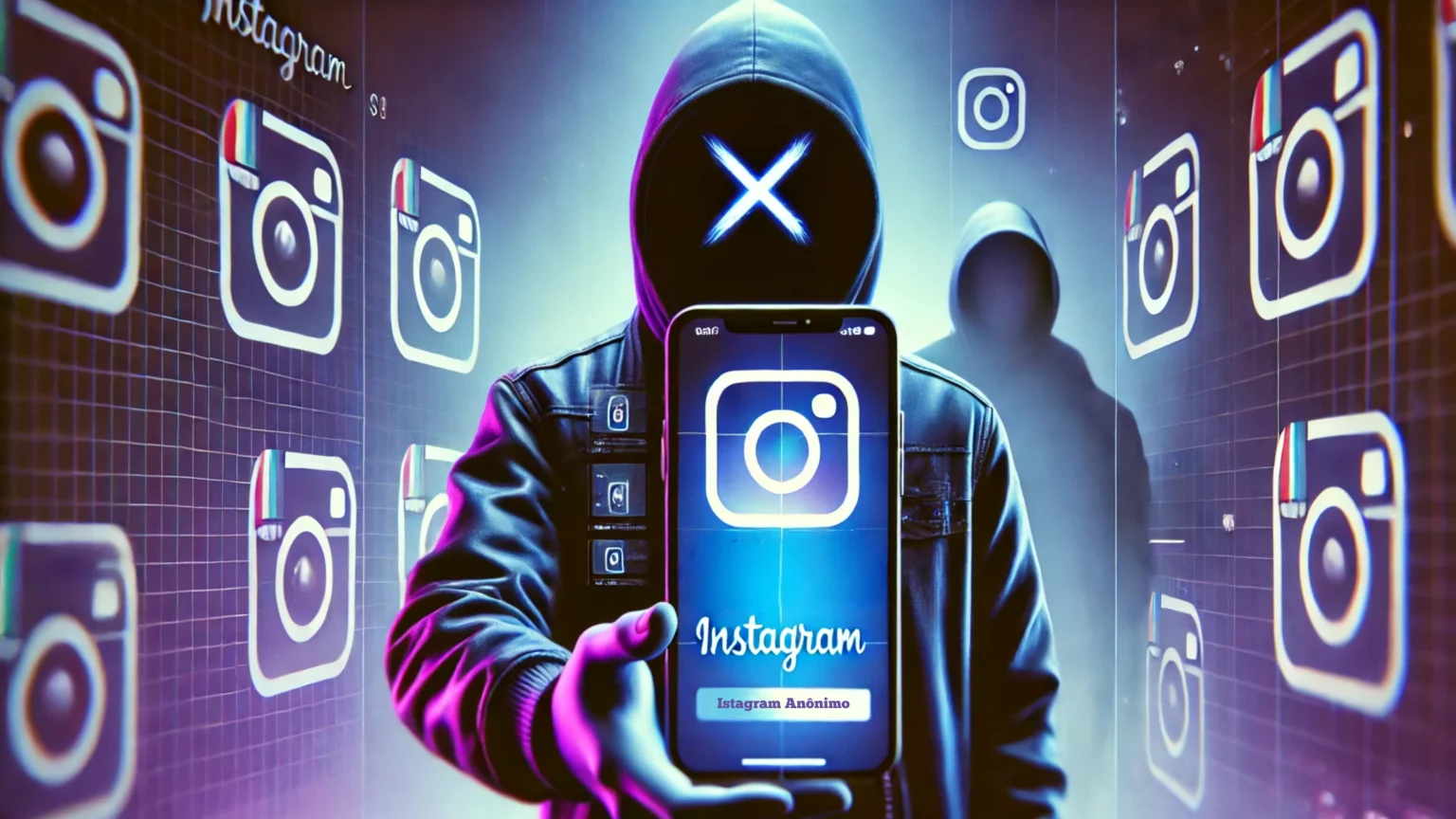 Ilustração digital widescreen de um smartphone exibindo a interface do Instagram com um ícone de olho riscado, simbolizando visualização anônima. No fundo, uma figura misteriosa de capuz destaca o conceito de privacidade e sigilo digital.