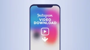 Tela de um smartphone exibindo a frase "Instagram Video Download", com um ícone de play e uma seta de download indicando a ação de baixar vídeos do Instagram.
