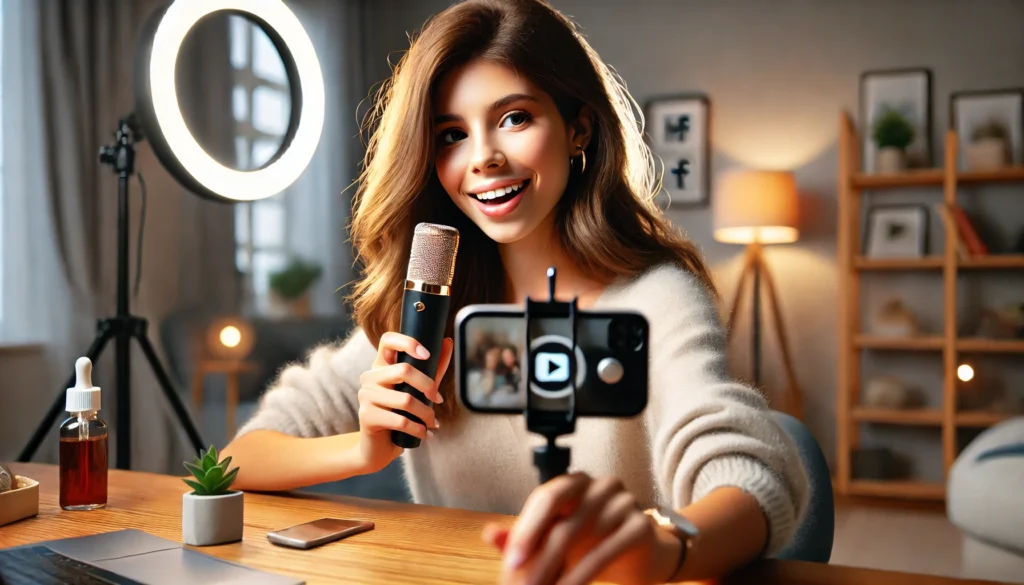 7 Dicas Infalíveis Para Conseguir Mais Curtidas Instagram 5 Jovem criadora de conteúdo gravando um vlog com smartphone, interagindo com seguidores em um ambiente aconchegante e bem iluminado. Descrição: Influenciadora digital sorrindo enquanto grava um vlog, segurando um microfone e um celular em selfie mode. O cenário conta com um ring light, uma mesa organizada e um ambiente moderno para criação de conteúdo.
