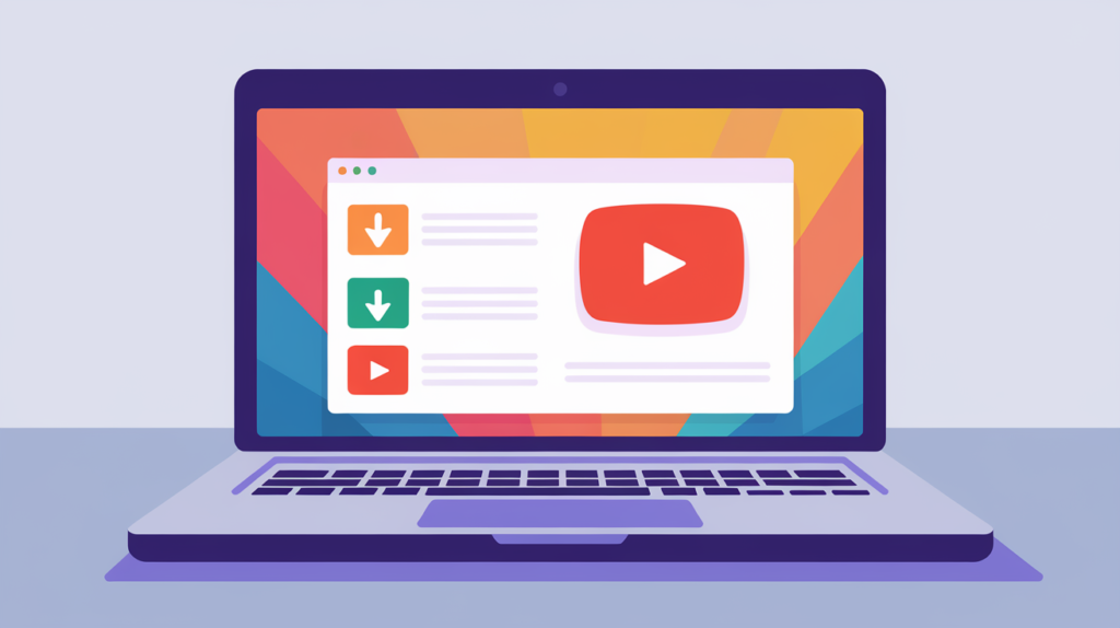 Como Baixar Vídeos Youtube, 5 Formas Fáceis E Seguras 3 Ilustração de um laptop exibindo ferramentas para baixar vídeos do YouTube, com ícones de download e o logotipo da plataforma.