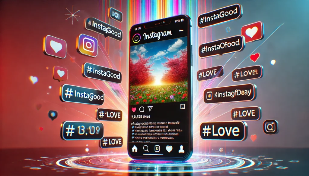 Smartphone exibindo um post no Instagram rodeado por hashtags populares como #instagood e #love, representando o uso estratégico para maior engajamento.