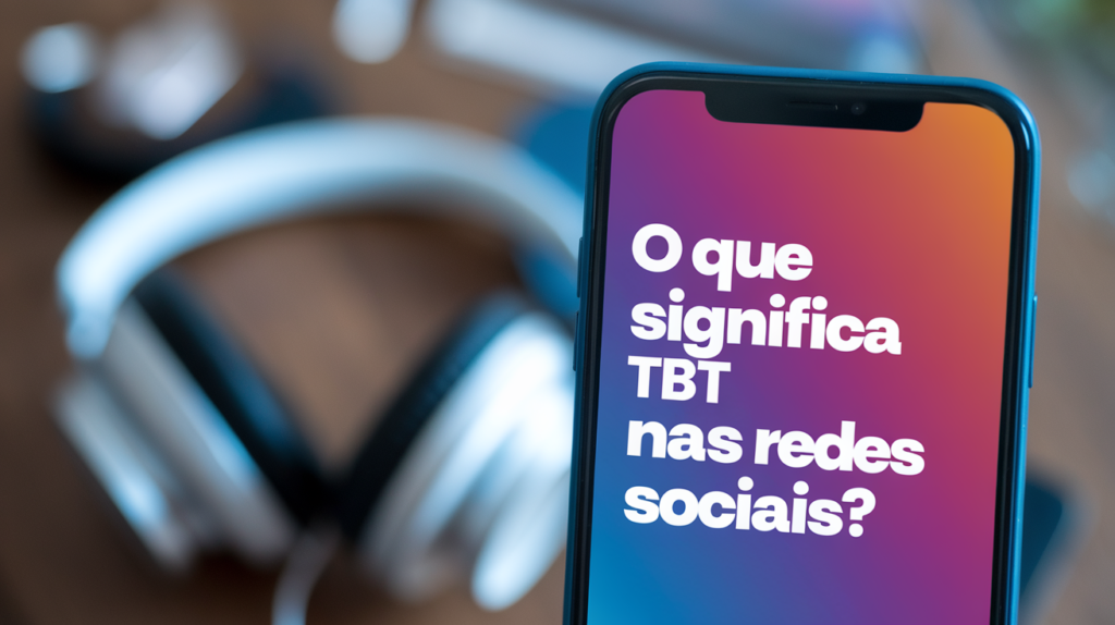 Imagem de um smartphone exibindo a frase "O que significa TBT nas redes sociais?" com fundo em degradê, representando a tendência do Throwback Thursday.