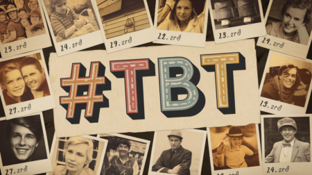Colagem estilizada vintage com fotos Polaroid e hashtag #TBT destacada no formato widescreen.