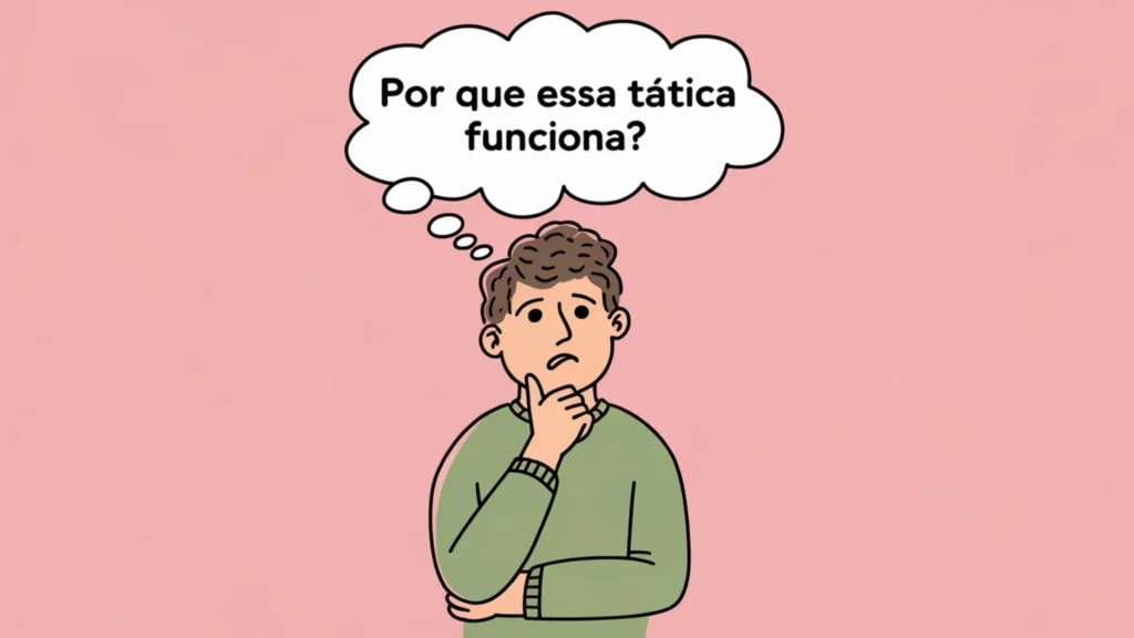 3 Formas De Usar O Espaço Invisível No Instagram: Dica Simples Para Melhorar Seu Perfil 5 Ilustração de um homem pensativo com um balão de pensamento exibindo a frase "Por que essa tática funciona?", destacando a eficácia do espaço invisível no Instagram.