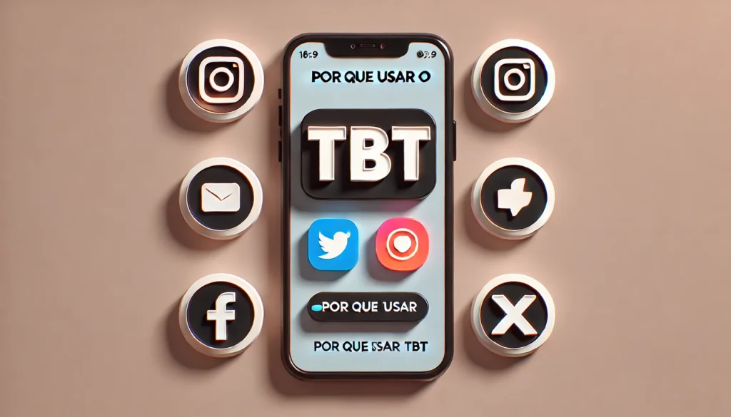 Imagem de um smartphone com a frase "Por que usar o TBT" e os logotipos do Instagram, Facebook e X (Twitter) ao redor, representando o impacto da hashtag no engajamento digital.