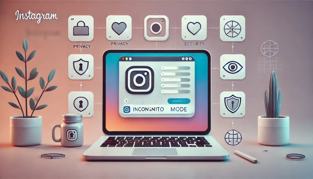 Instagram Anônimo: 5 Maneiras De Como Usar E Visualizar Stories Sem Ser Notado 3 Ilustração minimalista mostrando um notebook com a interface do Instagram e ícones representando privacidade, segurança e anonimato.