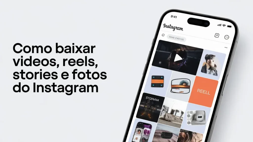 Instagram Video Download: O Guia Completo Para Baixar Vídeos Instagram 2 Imagem com um celular exibindo a interface do Instagram e um texto ao lado escrito: Como baixar vídeos, reels, stories e fotos do Instagram.
