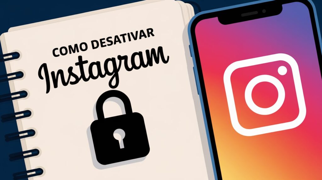 Como Desativar Instagram: Guia Completo Em 7 Passos 1 Ilustração de um caderno com a frase 'Como Desativar Instagram' e um cadeado, ao lado de um smartphone exibindo o ícone do Instagram.