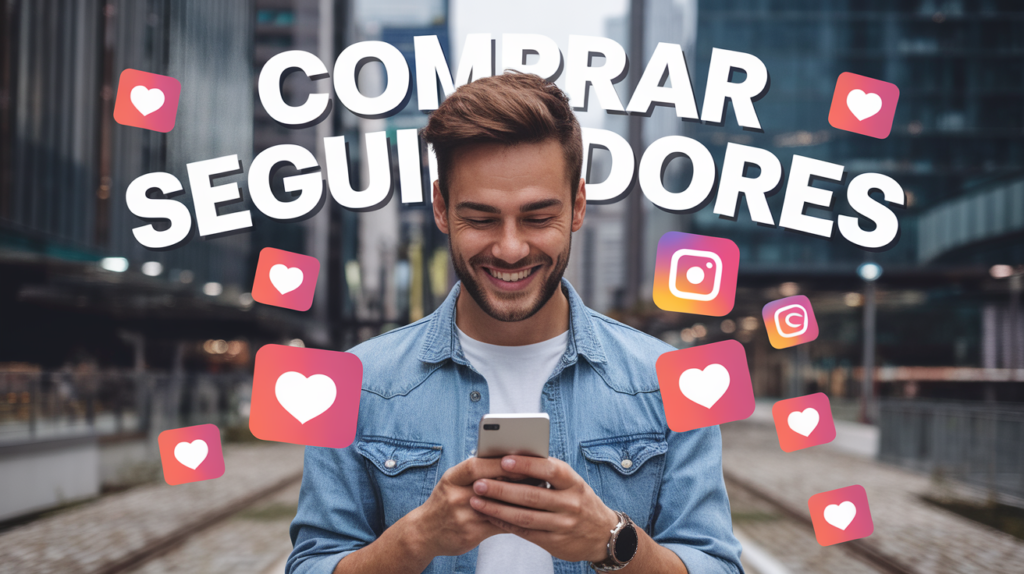 Homem sorridente usando celular com ícones de curtidas e Instagram ao redor e a frase 'Comprar Seguidores' em destaque