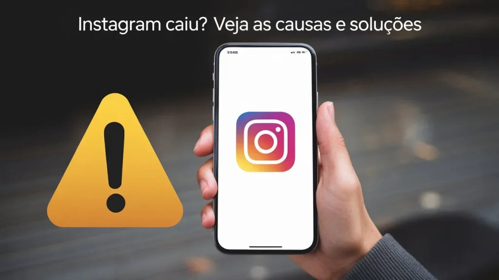 Imagem de uma mão segurando um smartphone com a tela do Instagram aberta e um ícone de alerta amarelo ao lado, indicando erro ou instabilidade na plataforma.