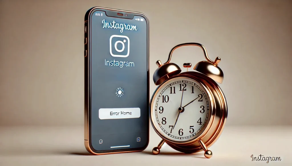 Instagram Caiu? Veja As Causas E Soluções! 5 Smartphone exibindo erro no Instagram ao lado de um relógio analógico, representando o tempo de espera até a normalização da plataforma.