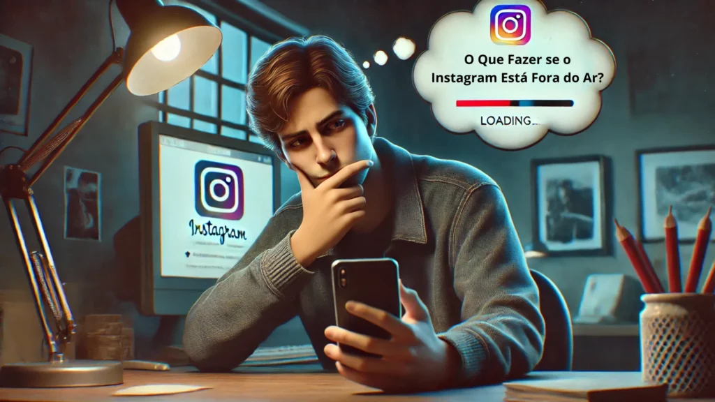 Instagram Caiu? Veja As Causas E Soluções! 4 Jovem pensativo segurando um smartphone, olhando para a tela com um erro no Instagram. Acima dele, um balão de pensamento com a frase 'O Que Fazer se o Instagram Está Fora do Ar?'. Ao fundo, um computador exibe a página inicial do Instagram, sugerindo dúvidas sobre a queda da plataforma.