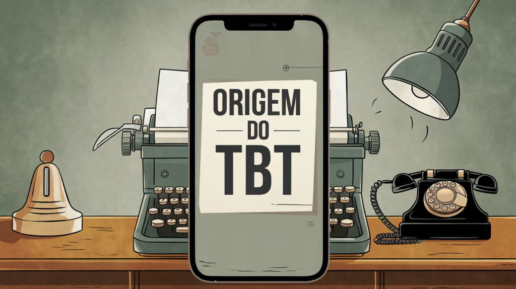 Ilustração de um smartphone exibindo “Origem do TBT” com uma máquina de escrever e telefone retrô ao fundo, simbolizando a conexão entre passado e presente.