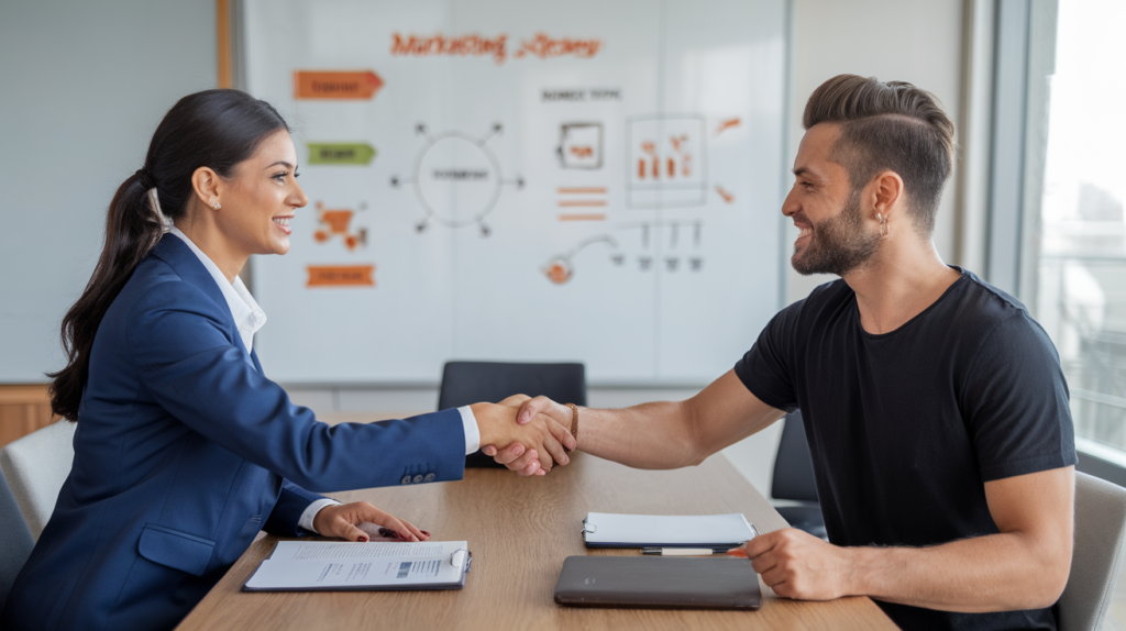 7 Motivos Para Comprar Seguidores No Instagram Da Maneira Certa 4 Empresário e influenciadora fechando parceria de marketing digital