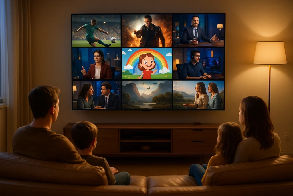 Multicanais Ao Vivo: Guia Completo Para Assistir Tv Online Em 2025 2 Família reunida em sala moderna assiste nove canais simultâneos em TV 65 polegadas