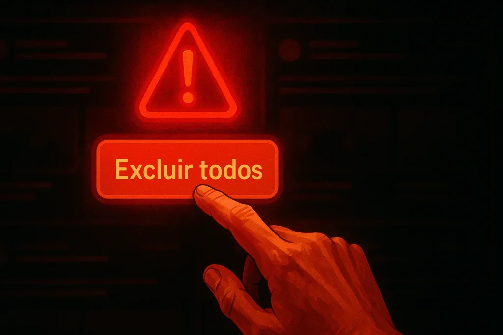 Mão humana prestes a clicar no botão Excluir Todos iluminado por alerta vermelho em interface de rede social escurecida