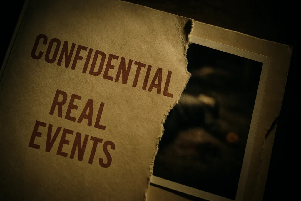 Filme De Suspense: Os 15 Melhores Filmes, Onde Assistir E Por Que Você Não Vai Conseguir Parar De Ver 9 Close-up de arquivo confidencial rasgado com carimbo “REAL EVENTS”, mostrando foto de cena de crime desfocada sob iluminação chiaroscuro, em tons terrosos e textura de papel sutil.
