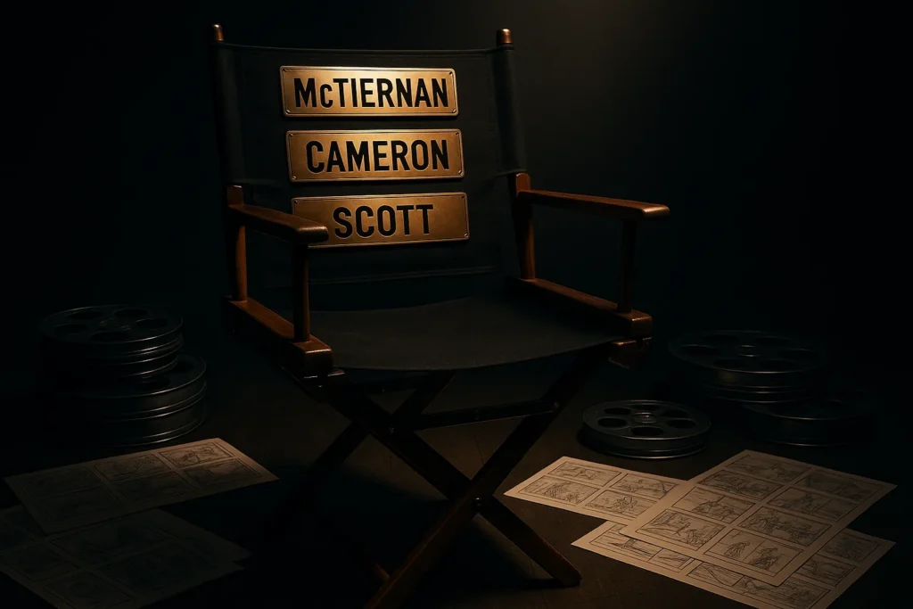 Cadeira de diretor com nomeplates “McTiernan”, “Cameron” e “Scott”, cercada por rolos de filme e storyboards sob iluminação de estúdio suave