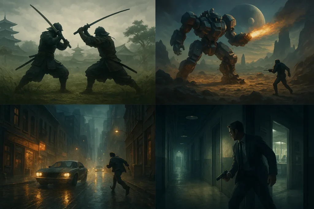 Grid com quatro cenas distintas de ação: duelo de samurais no Japão feudal; confronto mecha em planeta alienígena; perseguição de carros em rua urbana chuvosa; espião à espreita em corredor escuro.