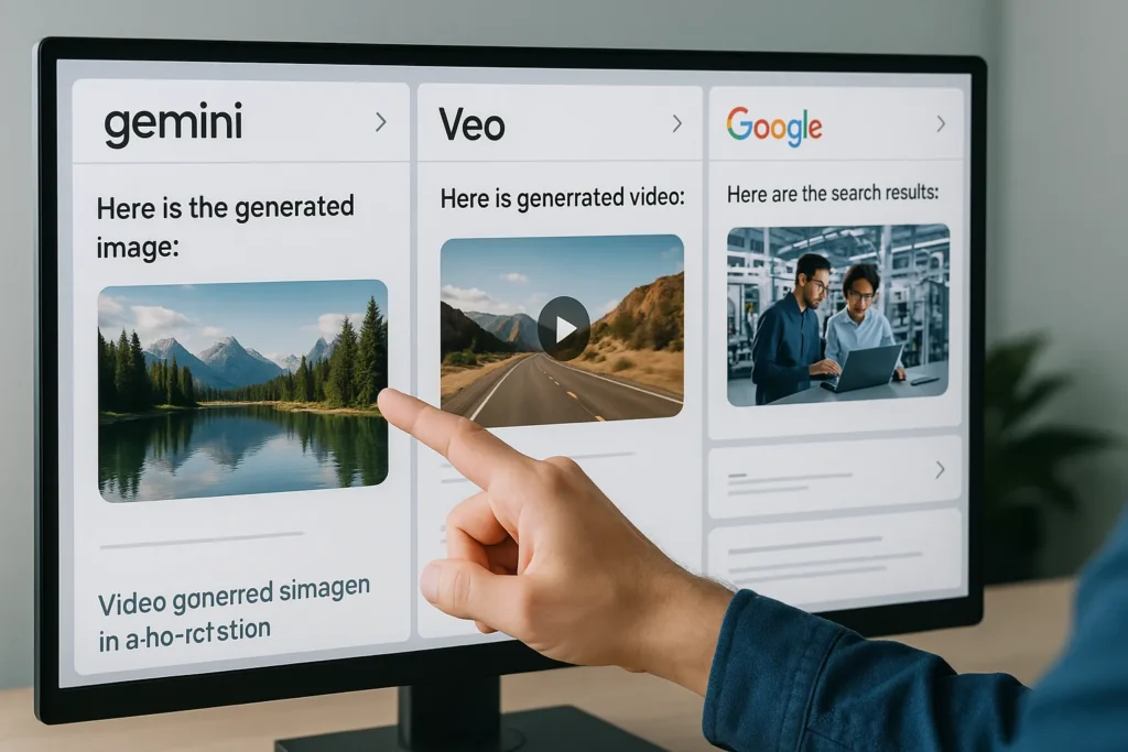 Ia Do Google Veo 3: Como Criar Vídeos Virais Para Redes Sociais 1 Tela de computador com abas abertas de Gemini, Veo e Google, enquanto usuário interage com conteúdo gerado por IA