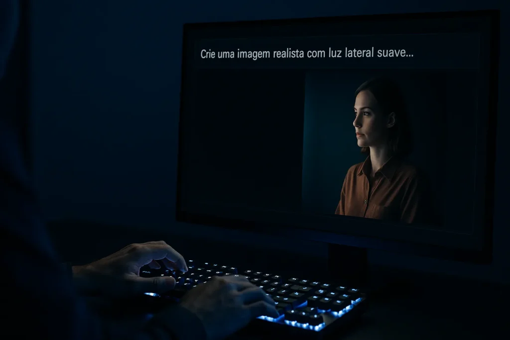 Ia Do Google Veo 3: Como Criar Vídeos Virais Para Redes Sociais 5 Pessoa digitando em teclado iluminado enquanto inteligência artificial gera imagem realista no monitor com luz azul lateral