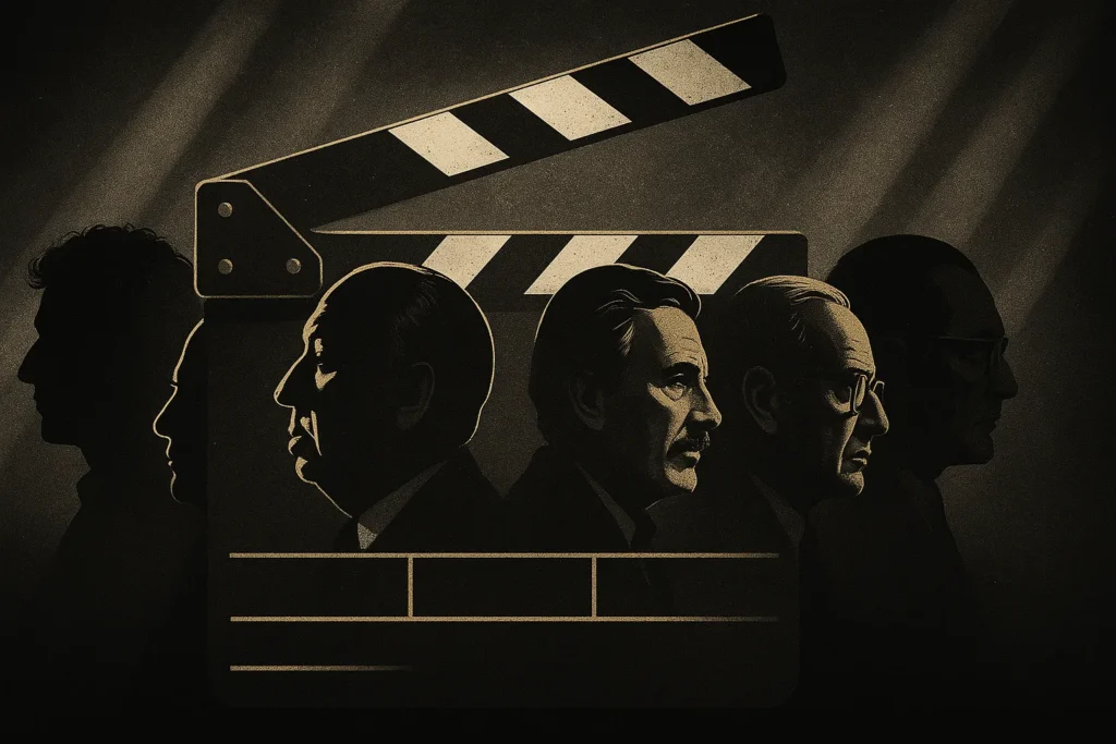 Filme De Suspense: Os 15 Melhores Filmes, Onde Assistir E Por Que Você Não Vai Conseguir Parar De Ver 8 Silhuetas de diretores lendários de suspense sobre um claquete de cinema em preto e branco com destaques dourados