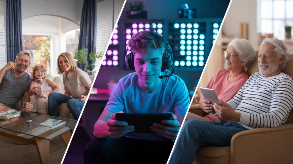 Multicanais Ao Vivo: Guia Completo Para Assistir Tv Online Em 2025 7 Família, gamer e idosos assistindo multicanais ao vivo em ambientes diferentes